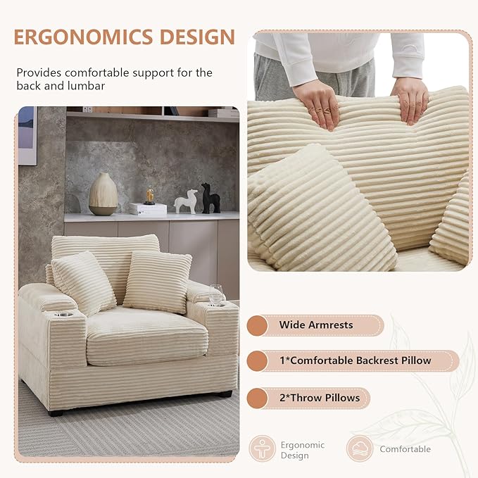 50" Oversized Chaise Lounge Chair Indoor with Ottoman and Storage, Comfy Corduroy Sleeper Chair with Cup Holder, Deep Seat Upholstered reading Chair, Reclining Chair for Living Room, Bedroom(Beige)