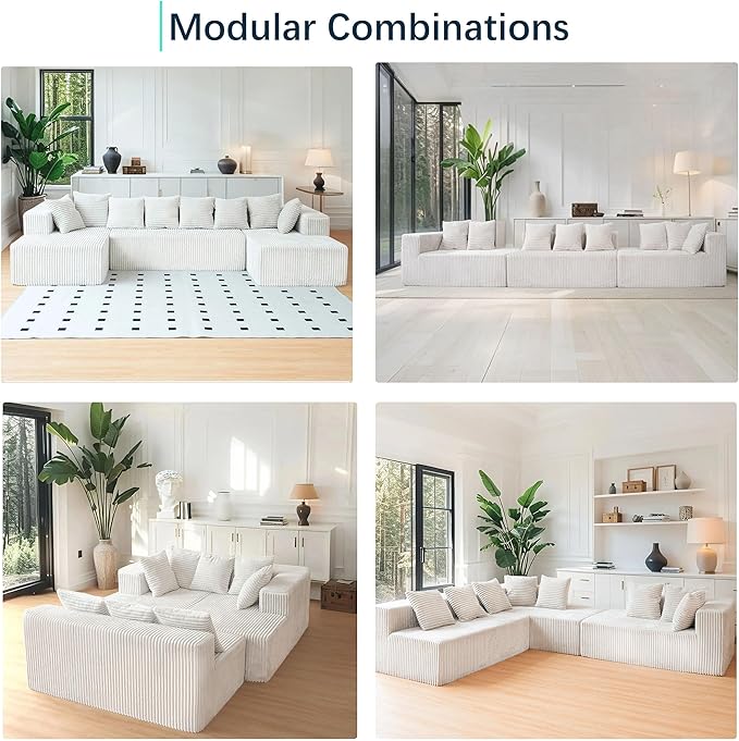 SEENYOO 130" Boneless Couch, Cloud Couch Sectional, Corduroy Sofa for Living Room, U Shaped Modular Sofa with Chaise, No Assembly, 4 Seats Oversized (White)