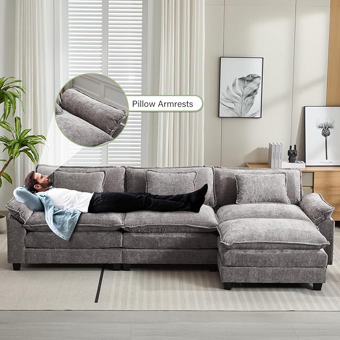 Oprisen 120" Modular Sectional Sofa, Comfy Cloud Couch Sectional Sofa with Ottoman, Chenille Sofa Sleeper Deep Seat Sofa with Throw Pillows for Living Room (Light Gray, 120"- L Shape)