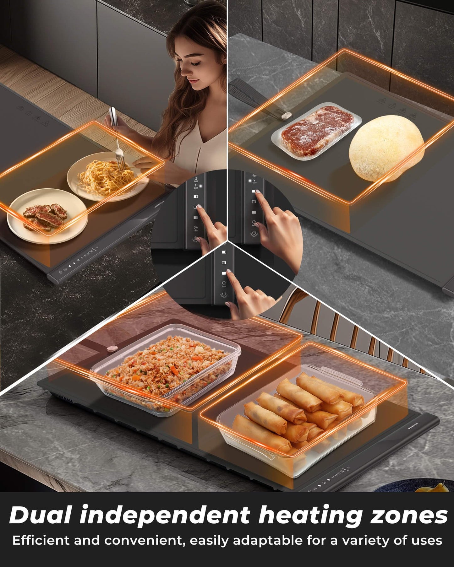 Food Warming Mat with Dual Heating Zones, 4 Temp Settings, Silicone Easy-Clean, Auto Shut-Off, Timer, Child Lock, Portable for Buffet, Party & Travel, 350W, 120V(AC), (Gray, Large)