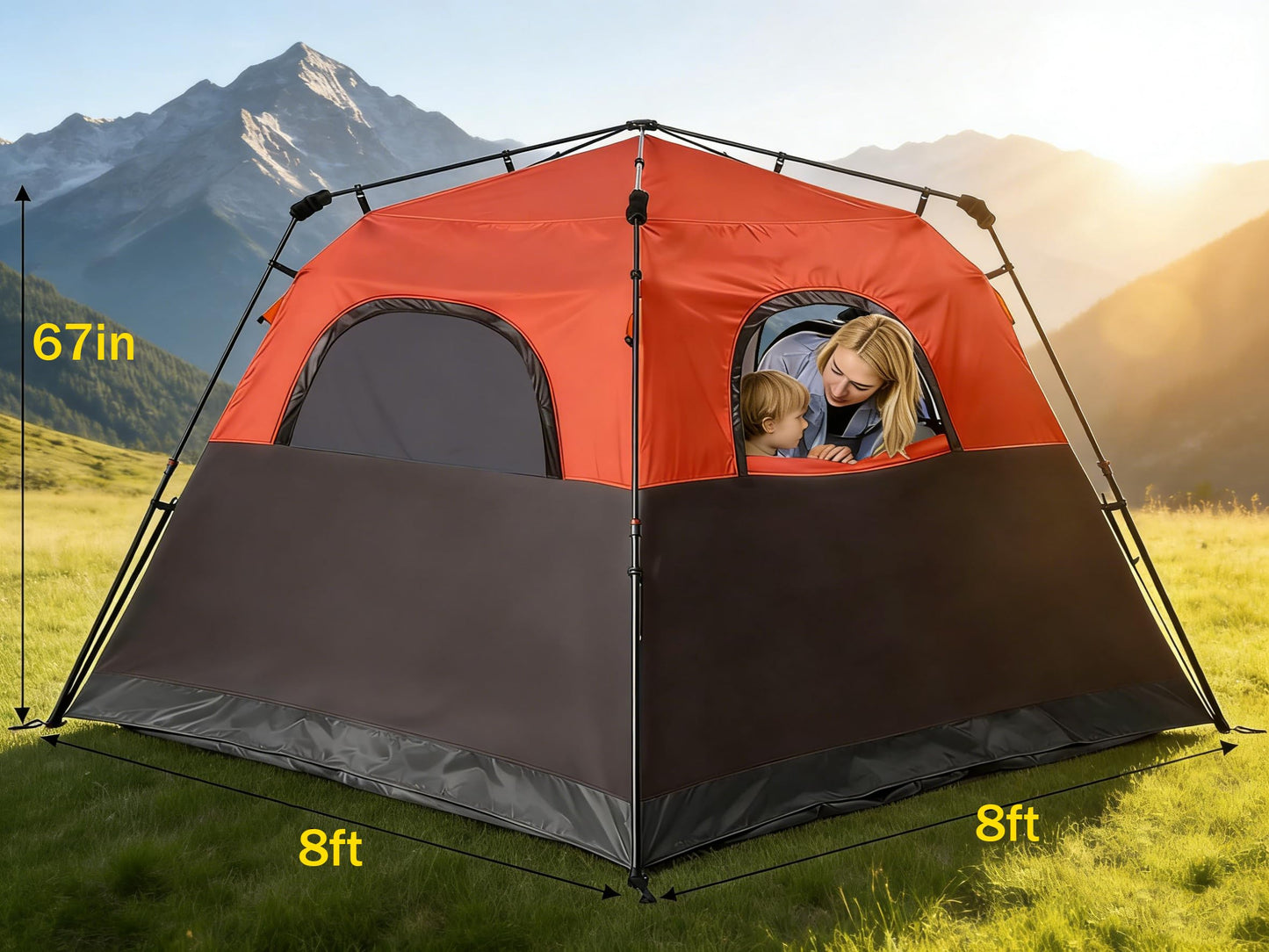 Toogh 3/4 Person Instant Tent for Family Camping, Outdoor Travel and Weekend Camping, Waterproof 8'x8'x67'' with Full Mesh Ceiling, 60 Second Pop Up Setup, Rainfly & Carry Bag Included