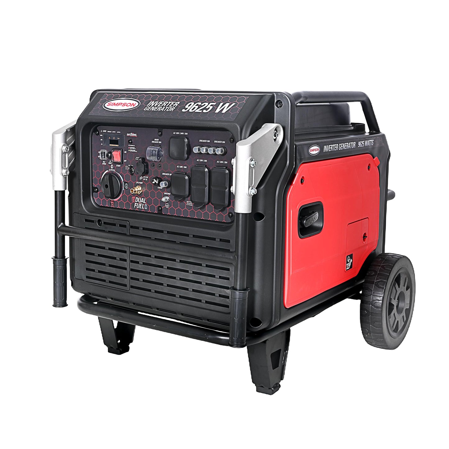 Simpson 9625 Watt Inverter Generator, Quiet Portable Inverter Dual Fuel Generator with Wheels, 2 GFCI Outlets, 2 USB Ports, 1 30A RV Outlet, 7700 Running Watts, Parallel Capable, CO Sensor (SGS7796)