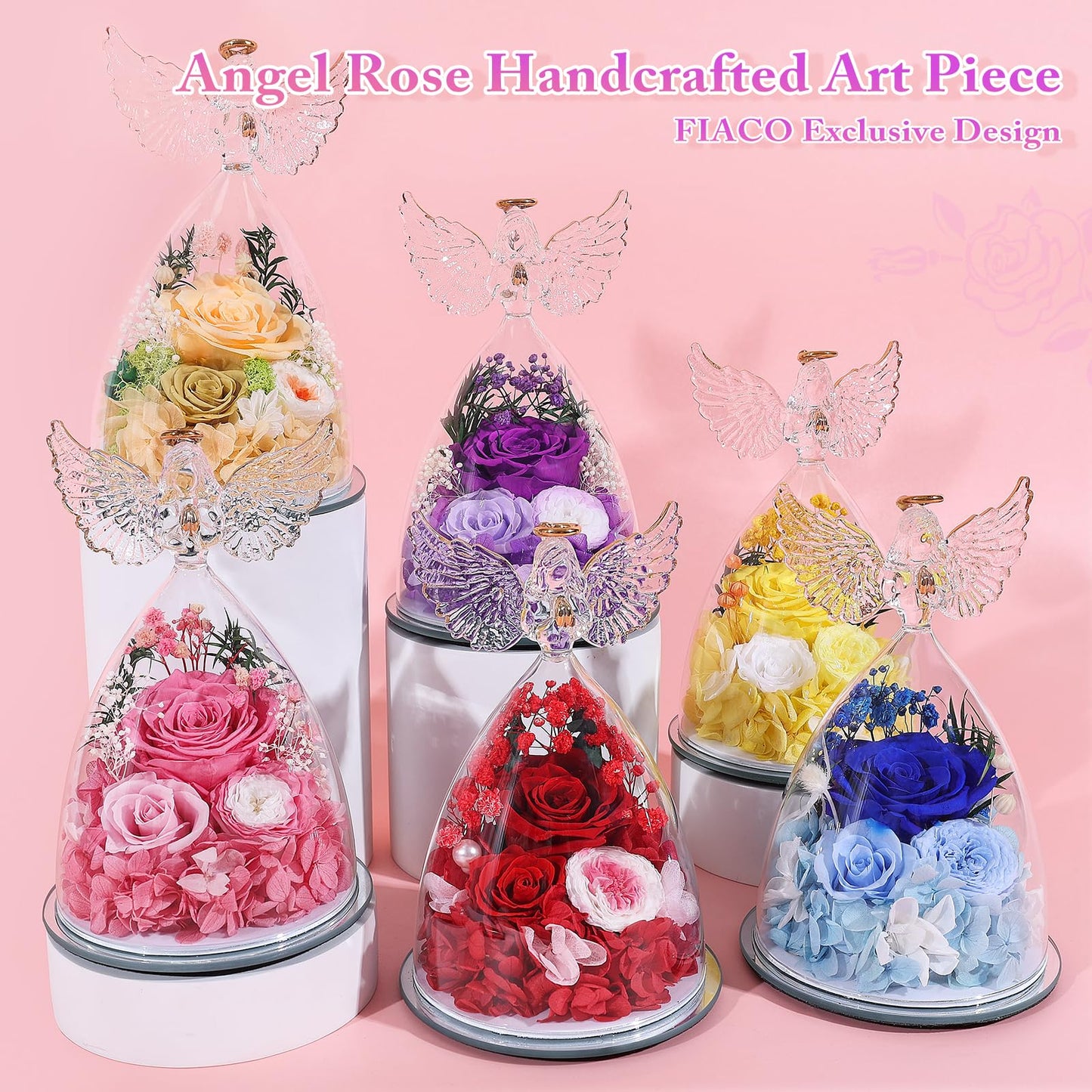 FIACO Gifts for Women Mom Preserved Rose Forever Flower in Glass Angel Figurine Fresh Flowers for Delivery Prime Birthday Gifts for Grandma Wife Sister Christmas Anniversary Eternal Purple Roses