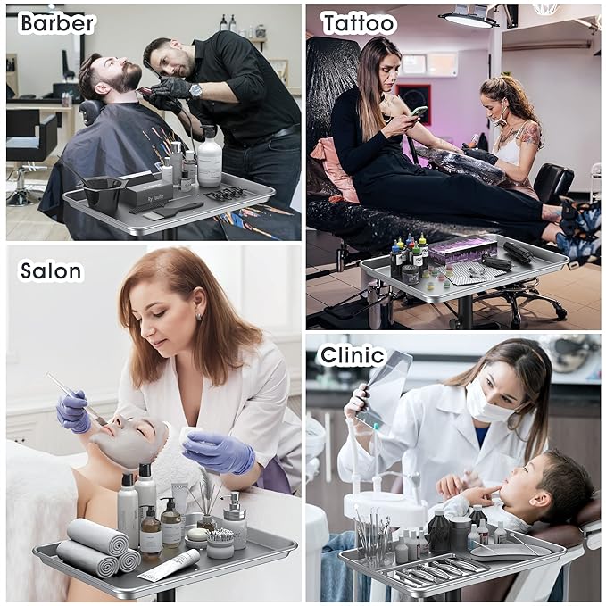 Premium Aluminum Salon Trolley Rolling Tray Silver Salon Station Tray with Wheels for Barber SPA Tattoo Clinic