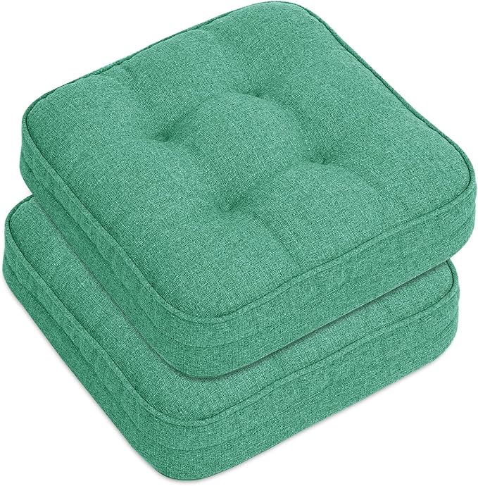 GOFORIT Memory Foam Cushion，Square Seat Cushions for Dining Chairs,Non-Slip Chair Pads with Removable Cover, 16'' x 16'', 2 Pack,Green