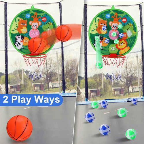 Gemscream Trampoline Accessories Kit, 3 Step Trampoline Steps 72ft 200 LED Lights 4 Stakes with 4 Belt, T Shaped Hooks, 39.4ft Sprinkler Basketball Hoop Dartboard