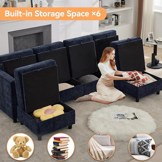 WUTUTUEE 107'' Modular Sectional Sofa Convertible U Shaped Sofa Couch Set with Storage for Living Room, Modern 6 Seater Modular Sectional Couch with Movable Ottoman, Chenille Navy