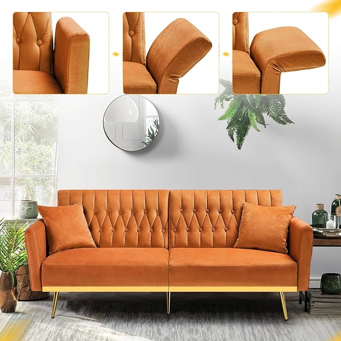 ACMEASE 70” Velvet Futon Sofa Bed w/Adjustable Armrests & 2 Pillows, Convertible Futon Couch w/Adjustable Backrests, Modern Sleeper Bed for Living Room, Bedroom, Orange