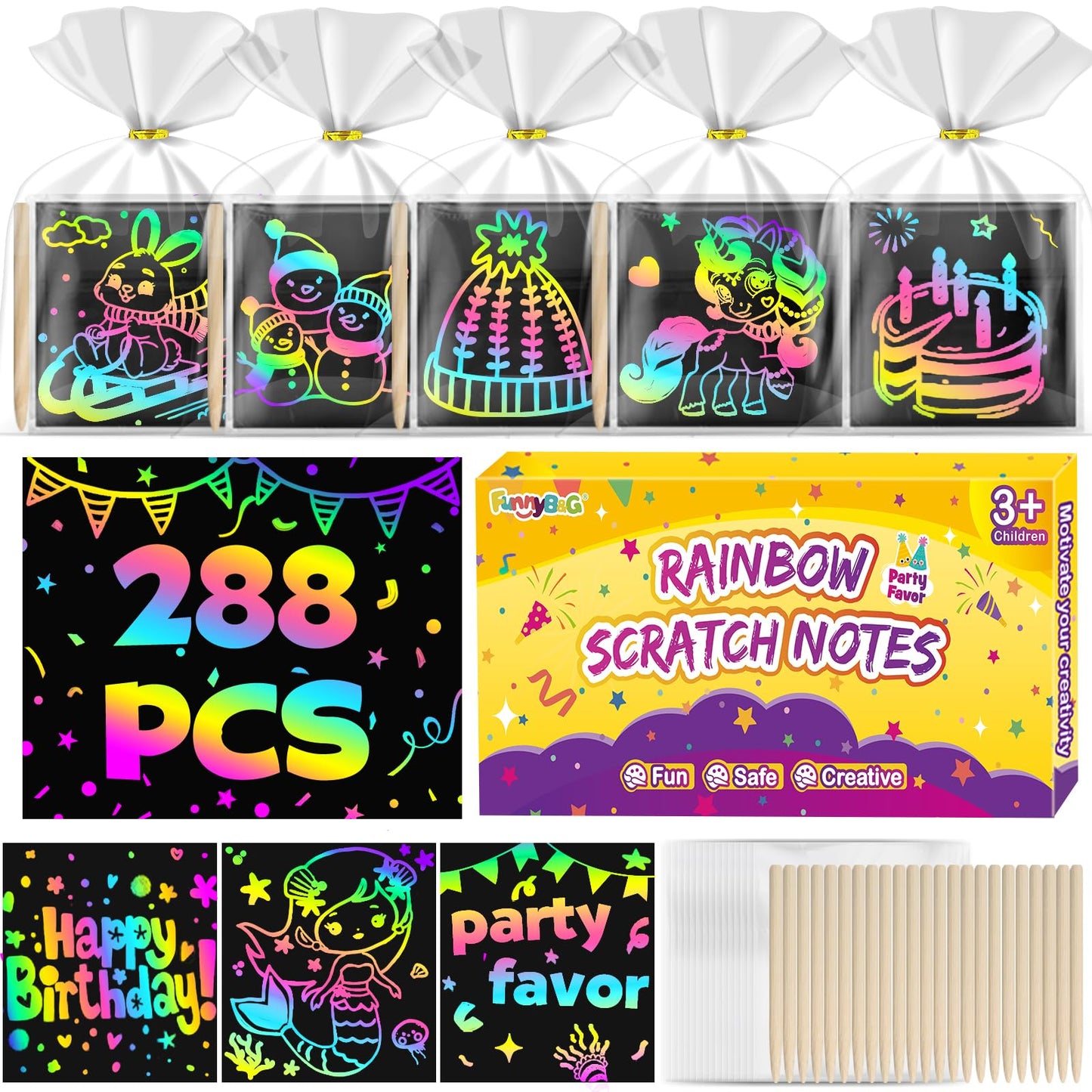 FUNNYB&G Rainbow Scratch Art Party Favors for Kids：288 PCS Scratch Paper Art Craft Kit Girls Boys Back To School Gifts for Kids Students Bulk Birthday Classroom Prizes Goodie Bags Stuffers Mini Notes