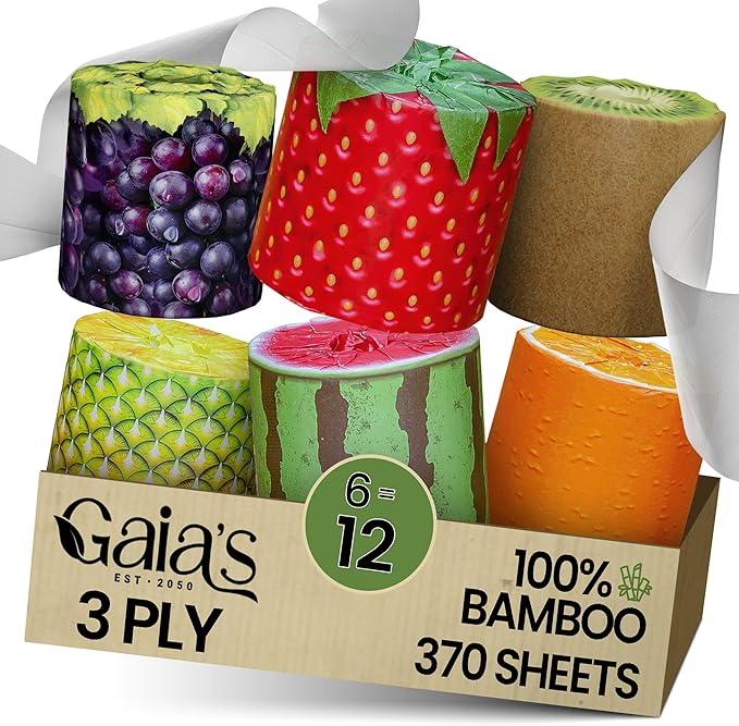 Gaias Premium and Soft FruiTP Organic Bamboo Toilet Paper | 6 Mega Rolls, 3 Ply, 370 Sheets | FSC Certified, PFAS & BPA Free, Eco-Friendly, Sustainable Tissue - Plastic Free Packaging, Septic Safe
