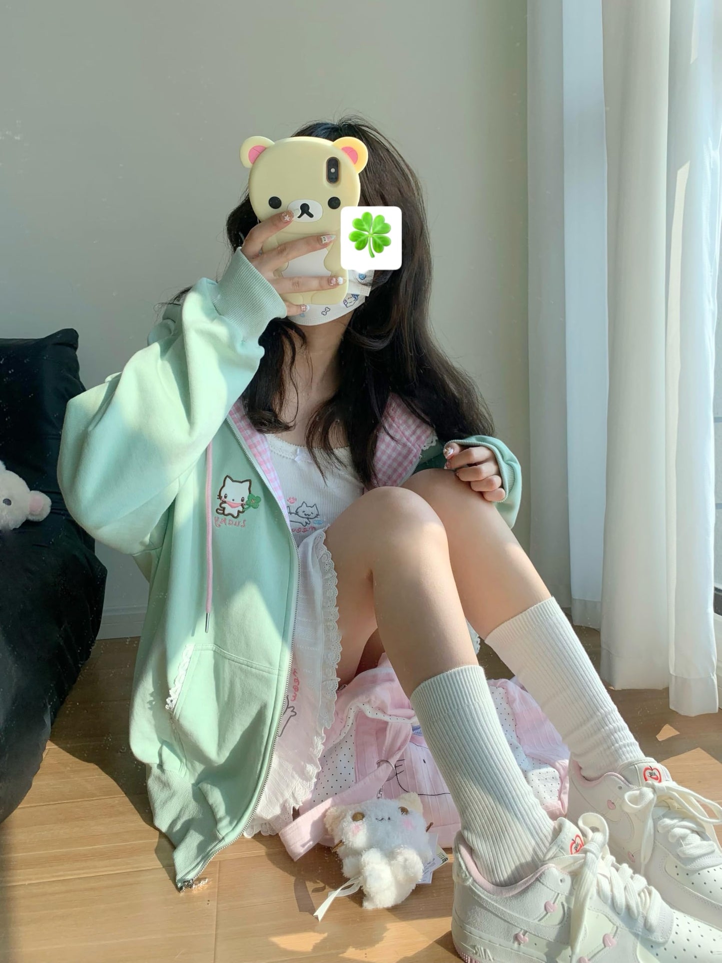 OATSBAS Women's Y2K Cute Floral Hoodies Kawaii Zip Up Hoodies Cartoon Cat Embroidery Oversized Pullover Sweatshirt (Green,Small)