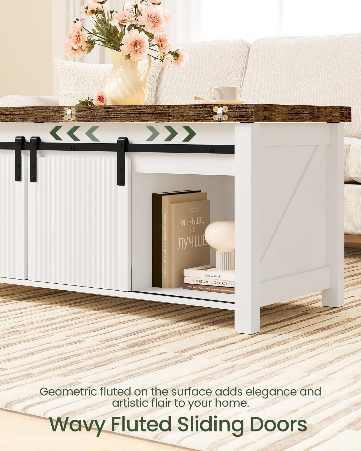 CHOEZON Coffee Table Lift Top, 4 in 1 Convertible Coffee Table, Farmhouse Coffee Tables, with Hidden Compartments, with Sliding Doors, for Living Room, Apartment, White and Walnut MKF01WL