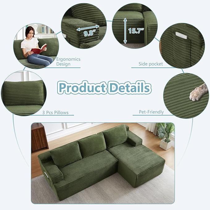96" Cloud Sectional Couch with L-Shape Chaise, Modern Corduroy Boneless Couch for Living Room,Memory Foam Sofa with Deep Seat,No Assembly Required (Green,Right-Facing Chaise)