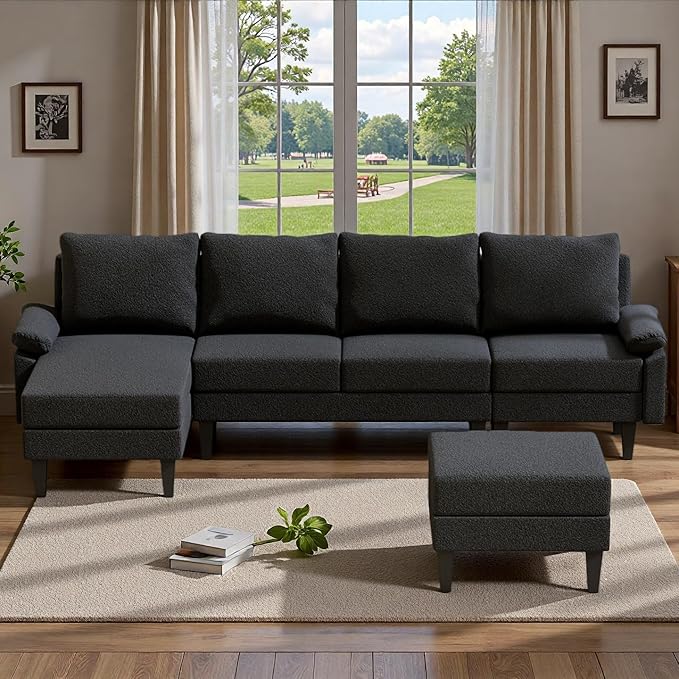 Topcomfy U-Shaped Sectional Couches for Living Room, Convertible 4 Seat Modular Sectional Sofa Set with Ottoman, Modern L Shaped Couch with Chaise for Bedroom Apartment and Office, Chenille Black Gray