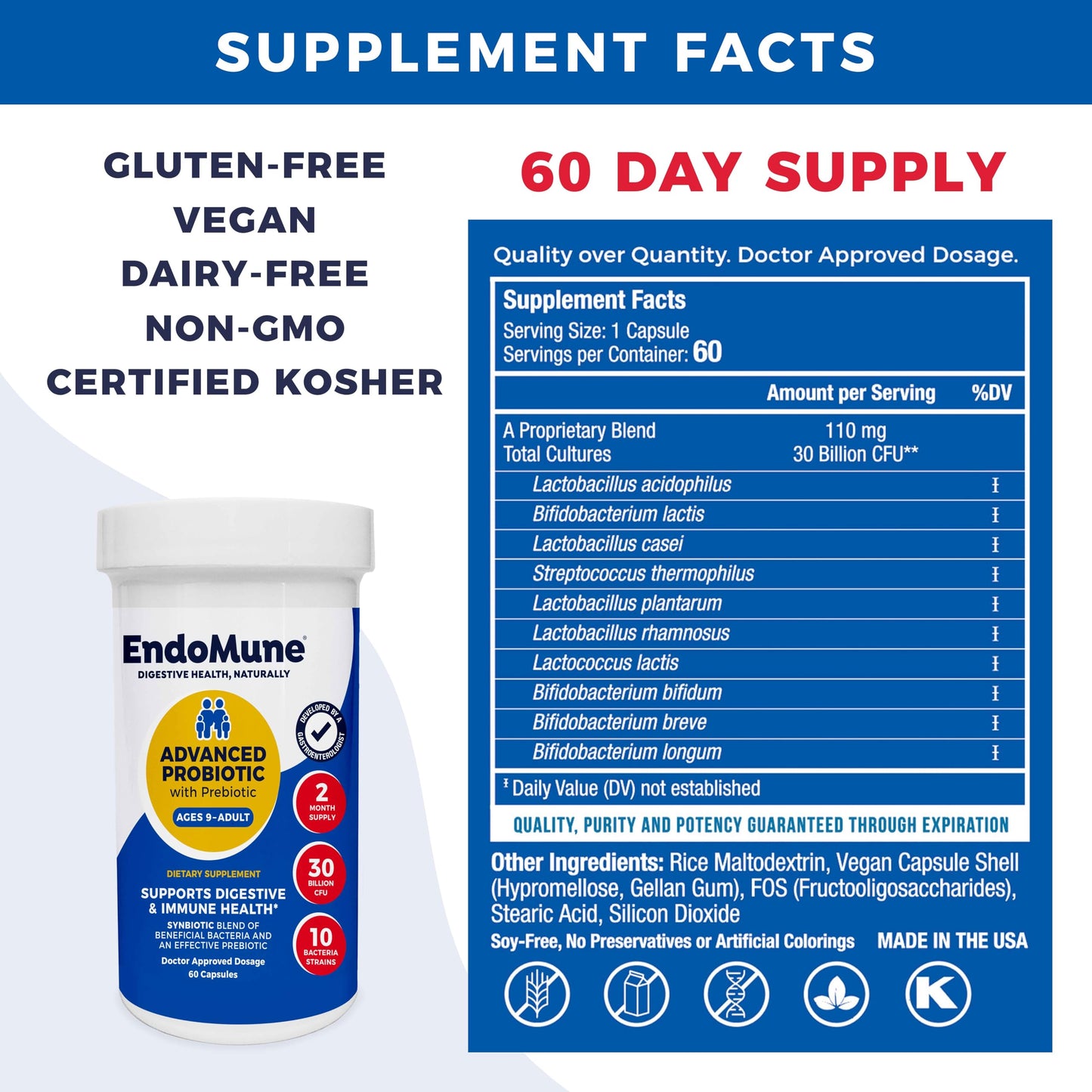 Endomune Advanced Adult Multi-Strain Probiotic Supplement with Prebiotic - 10 Strains, 30 Billion CFU - Physician Formulated (60-Count)