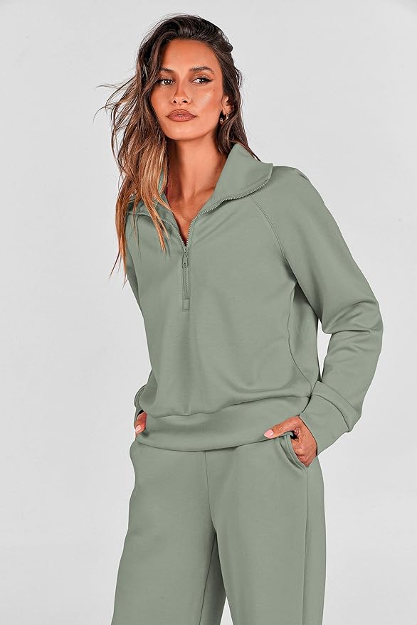 PRETTYGARDEN Women's 2 Piece Outfits Casual Lapel Half Zip Sweatshirts and Wide Leg Pants Tracksuit Sets