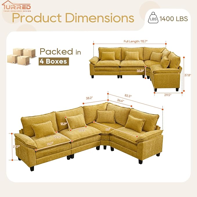 URRED Cloud Couch Modular Sectional Sofa, 116" Modern L Shaped Deep Seat Sofa with Pillows, Ultra Comfy Chenille Corner Couches for Living Room, Bedroom or Apartment, Yellow