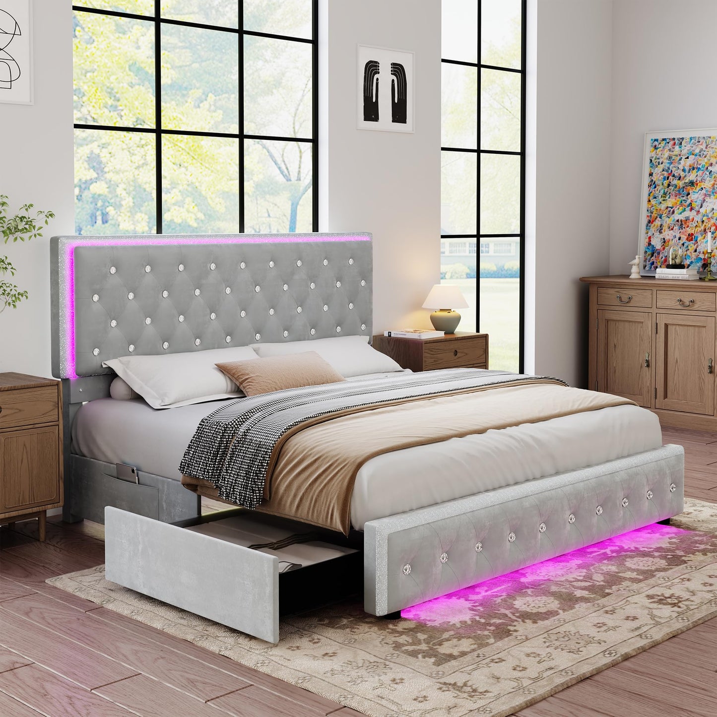 Torana Queen LED Bed Frame with 2 Drawers, Soft Velvet Platform Bed with Diamond Tufted Headboard Footboard and 2 Side Pockets, Mattress Foundation with Wooden Slats Support No Box Spring Needed, Grey