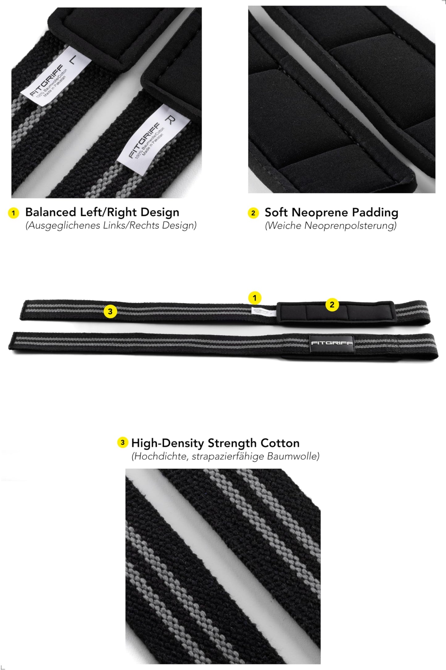 Fitgriff® Lifting Wrist Straps for Weightlifting, Gym, Deadlift, Workout (Made of Premium Cotton & Padded) - Men & Women (Standard, Black/Grey)