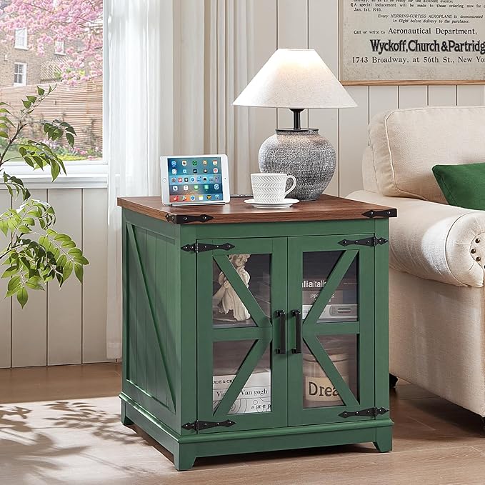 Joaxswe Farmhouse End Table with Charging Station, 24" Large Sofa Side Table with Glass Barn Door, Green Nightstand with Adjustable Storage Shelf, Wood Square Bedside Table for Living Room, Bedroom
