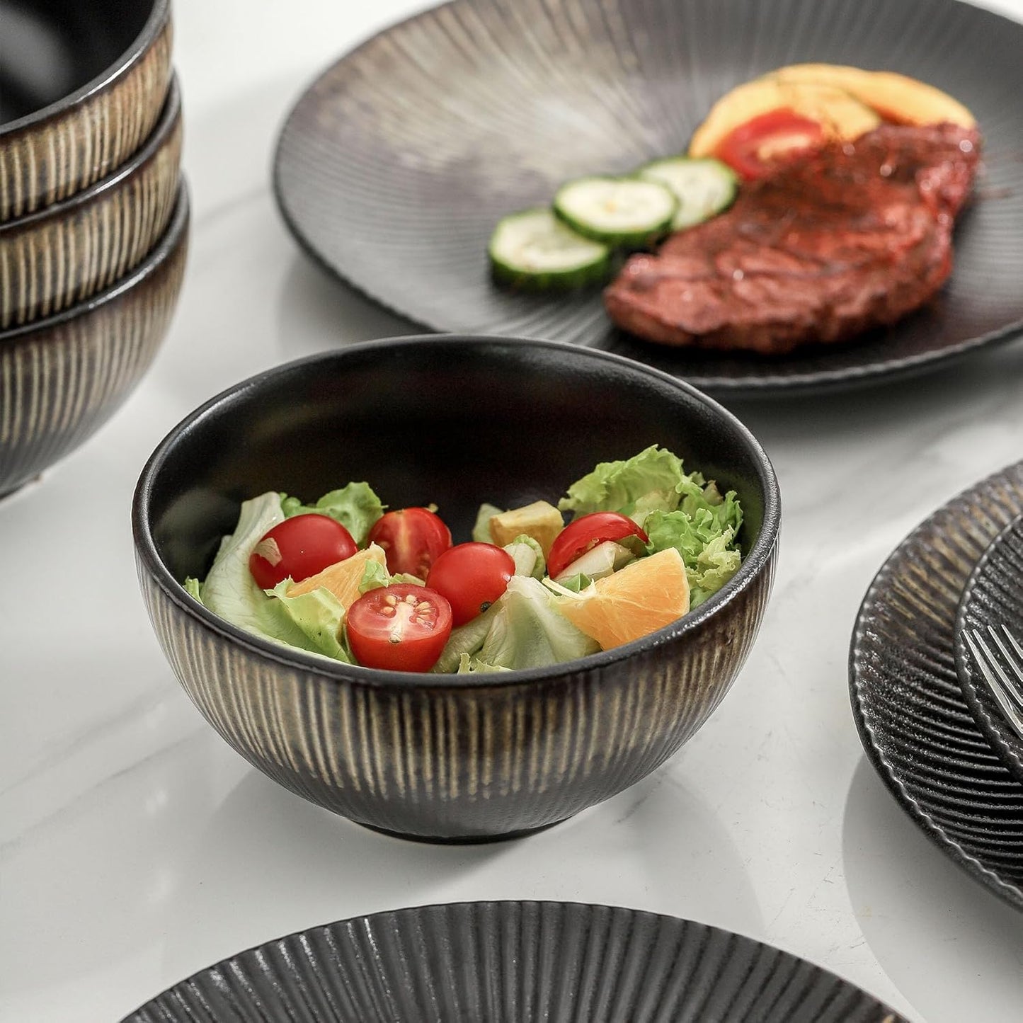 KOOV Ceramic Dinnerware Set of 16, Plates, Bowls, Cups & Dessert Plates for Party, Microwave & Dishwasher Safe, Stripe Series (Rough Black)