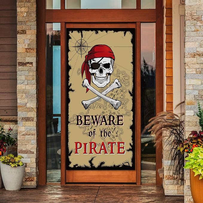 Beware of Pirates Door Banner Pirate Party Decoration Pirate Backdrop Halloween Birthday Party Photo Booth Props Pirate Th...