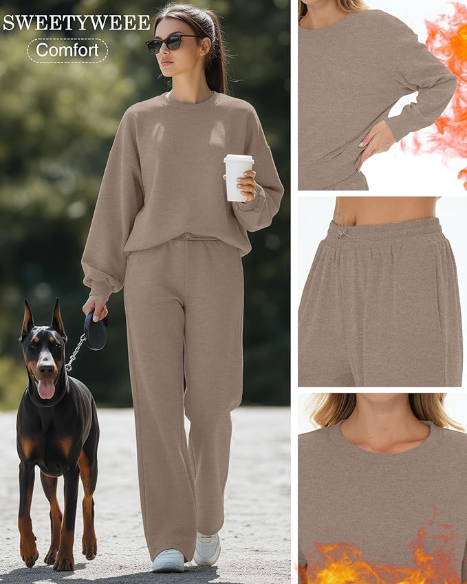 Sweetyweee Women's 2 Piece Outfits Set Fleece Lined Lounge Sweatsuit Crewneck Pullover Top Wide Leg Pants Casual Tracksuit