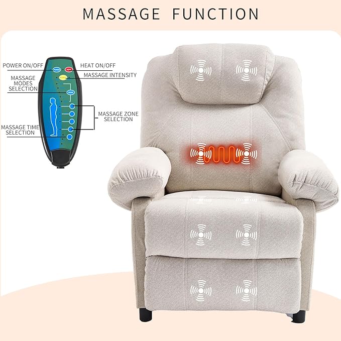 Massage Recliner Chair with Heat Small Recliners for Small Spaces Pushback Recliners Manual Reclining Chairs for Adult, Overstuffed Fabric Single Sofa with Side Pocket for Living Room,Beige