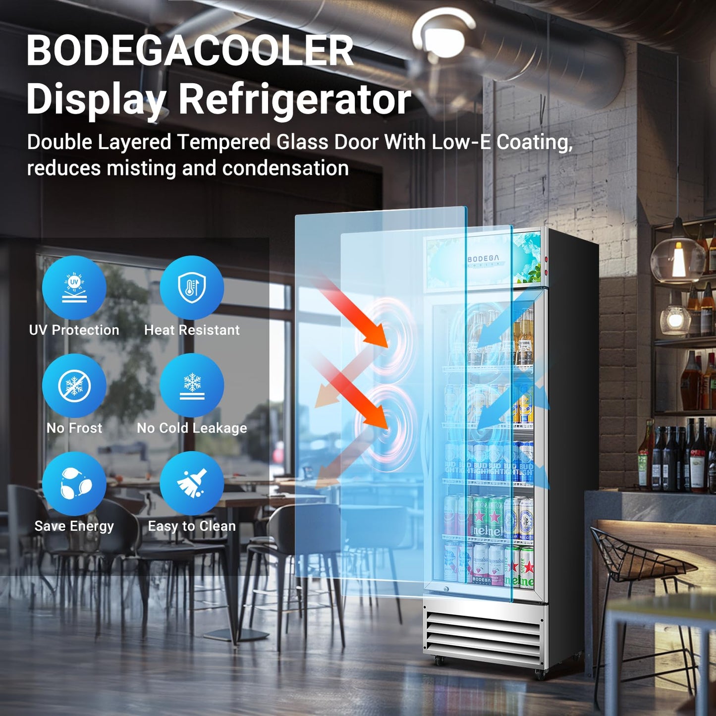 BODEGACOOLER Commercial Merchandiser Refrigerator, 9 Cu.Ft Glass Door Beverage Refrigerator, Upright Beverage Display Cooler with Soft LED Light, Adjustable Shelves, 4 Strong Castors(Stainless Steel)