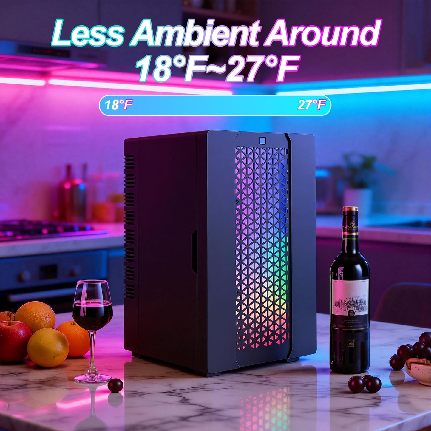 Mini Fridge, iceBlue 24 Display Modes Adjustable LED Light Gaming Mini Fridge, 10 Liter /4 Bottles Wine Fridge, Wine Cooler, Skincare Fridge with Remote Control for Bedroom, Office, Dorm, Gift (Black)
