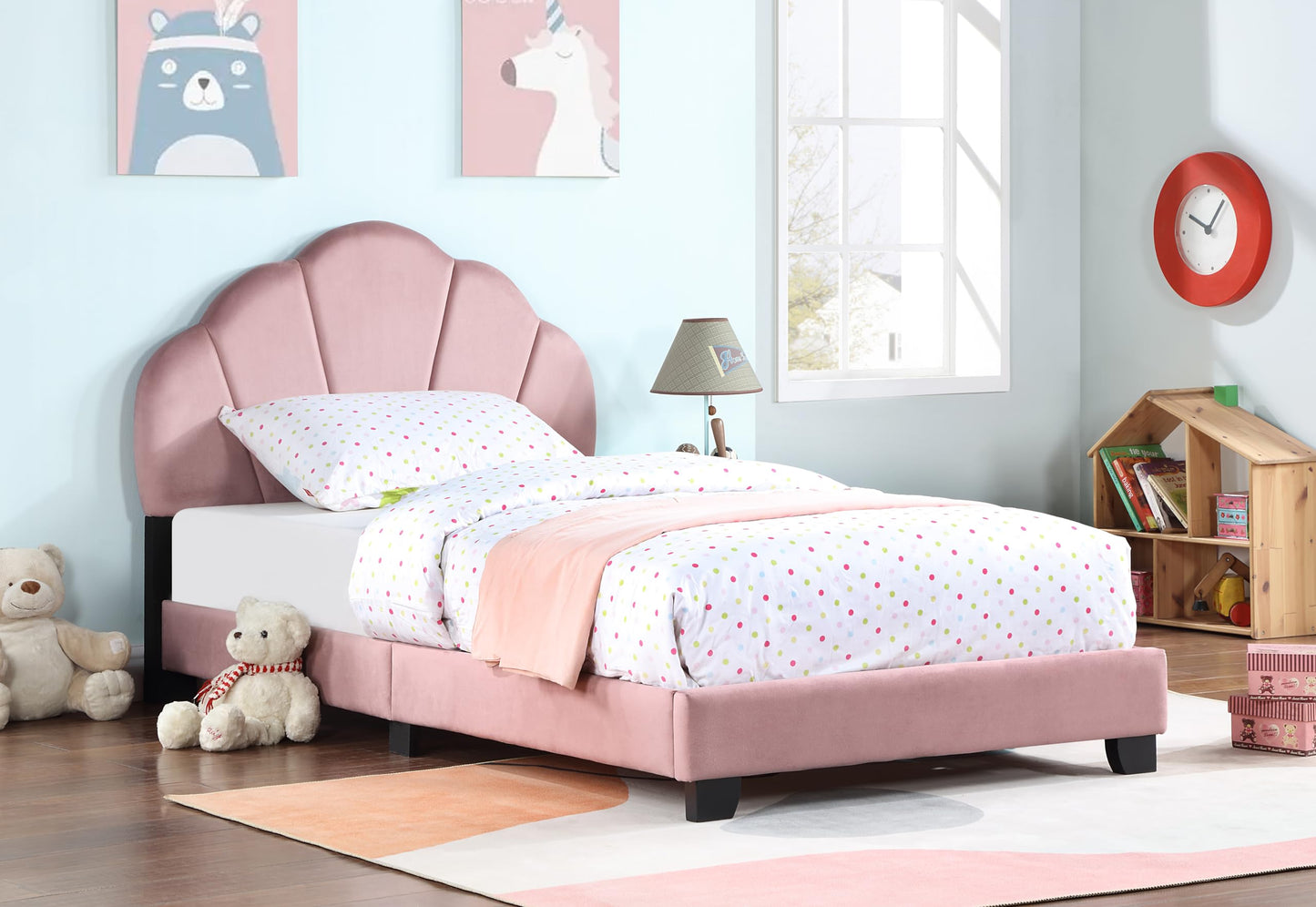 Ball & Cast Twin Size Platform Bed, Cute Shell Shaped Headboard Bed-Frame Girls Boys Teens, Velvet Upholstered Beds with Wood Slat Support, No Box Spring Needed, Pink