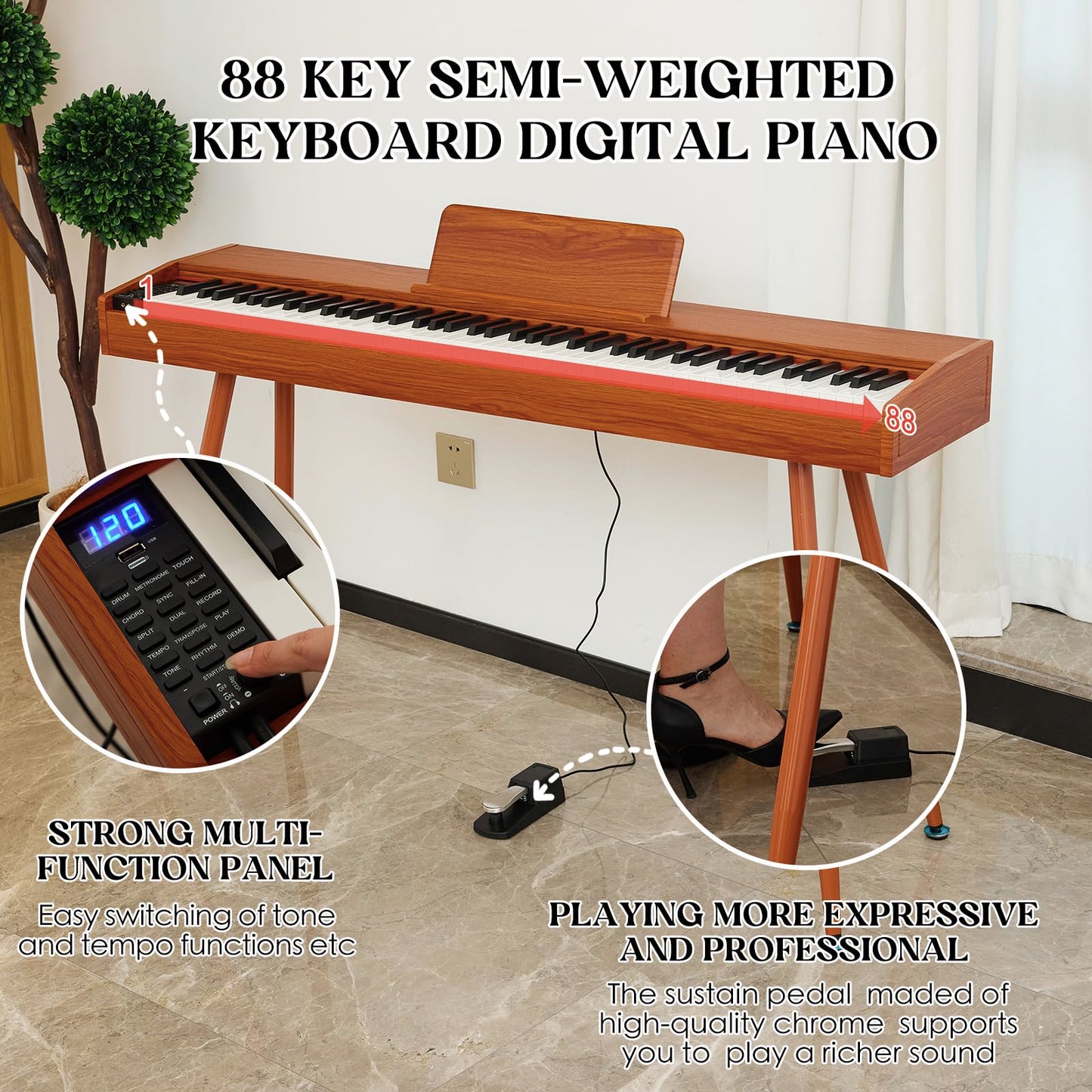 KUMENG digital Piano 88 Key Semi Weighted Keyboard,Full-size Electric Piano for Beginners,with Sheet Music Stand,Pedal,Power Adapter,Headphone Mode,USB-MIDI (KU-3506 Digital Piano with Stand)
