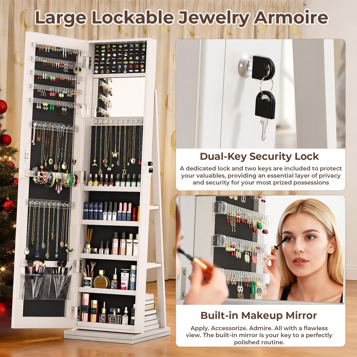 FAVSH 4-In-1 Jewelry Cabinet with Full-Length Mirror, 360° Swivel Jewelry Armoire Lockable Standing, Back Storage Shelves, Makeup Mirror, Jewelry Organizer with Storage for Best Gift, White