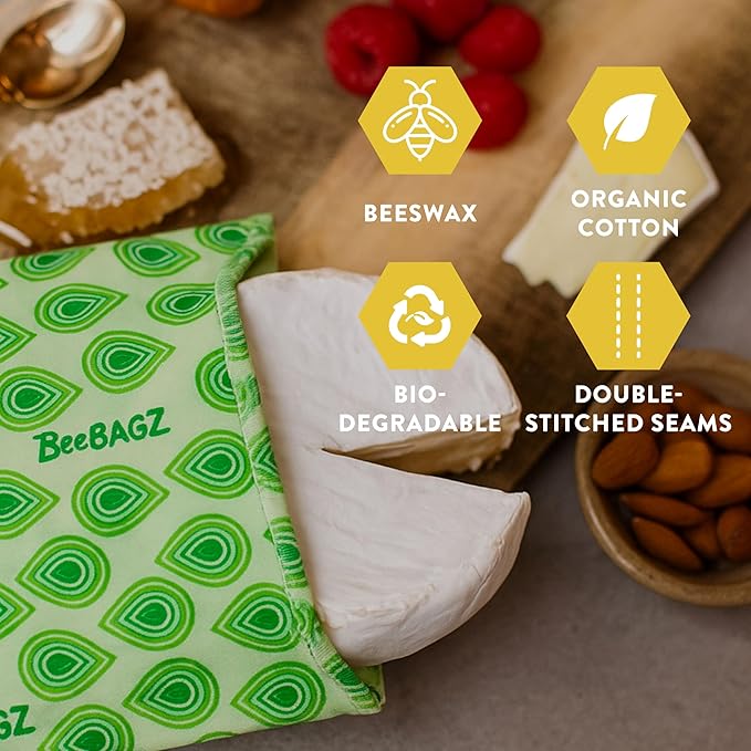 BeeBAGZ - Beeswax Wrap Storage Bag, Reusable Food Storage Bags, Pack of 3, Plastic Free Biodegradable Food Wrap Alternative, Starter Pack, 1 Small + 1 Medium + 1 Large, (Green)