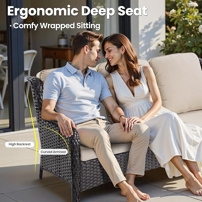 ovios 10 Pieces Patio Furniture Set, Outdoor Wicker Sofa Couch with Swivel Chairs 54" Fire Pit Table, High Back Modern All Weather Conversation Sets, Brown Rattan, Beige