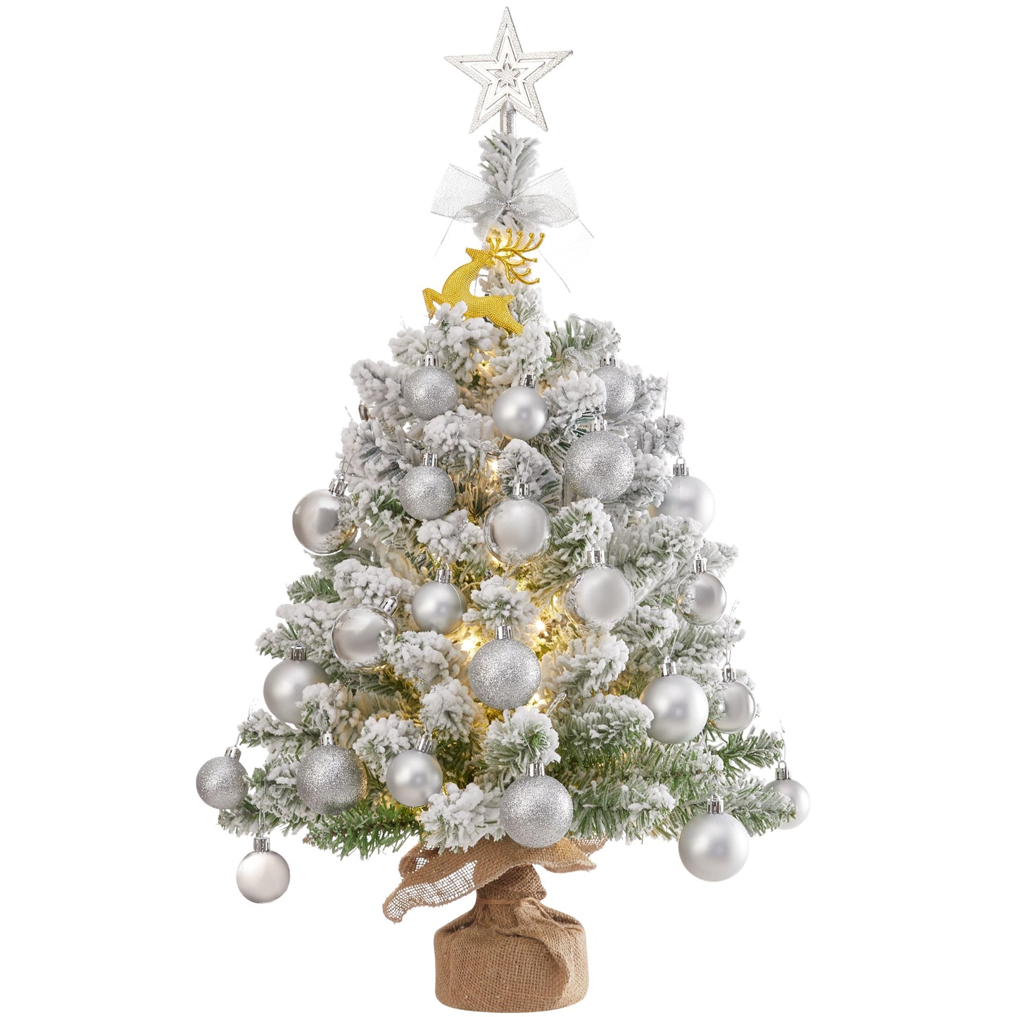 30 Inch Tabletop Mini Flocked Snow Christmas Tree, Artificial Xmas Pine Tree with LED String Lights, Gold Star Topper, Christmas Elk and Ornaments (White)