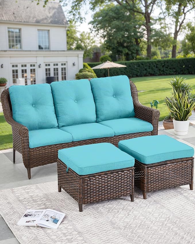 ACTREST Patio Sofa Outdoor Wicker Couch - Heavy Duty All-Weather Brown Rattan 3-Seater with High Back and Comfortable Thick Cushions for Garden Back Porch Poolside Apartment - Turquoise