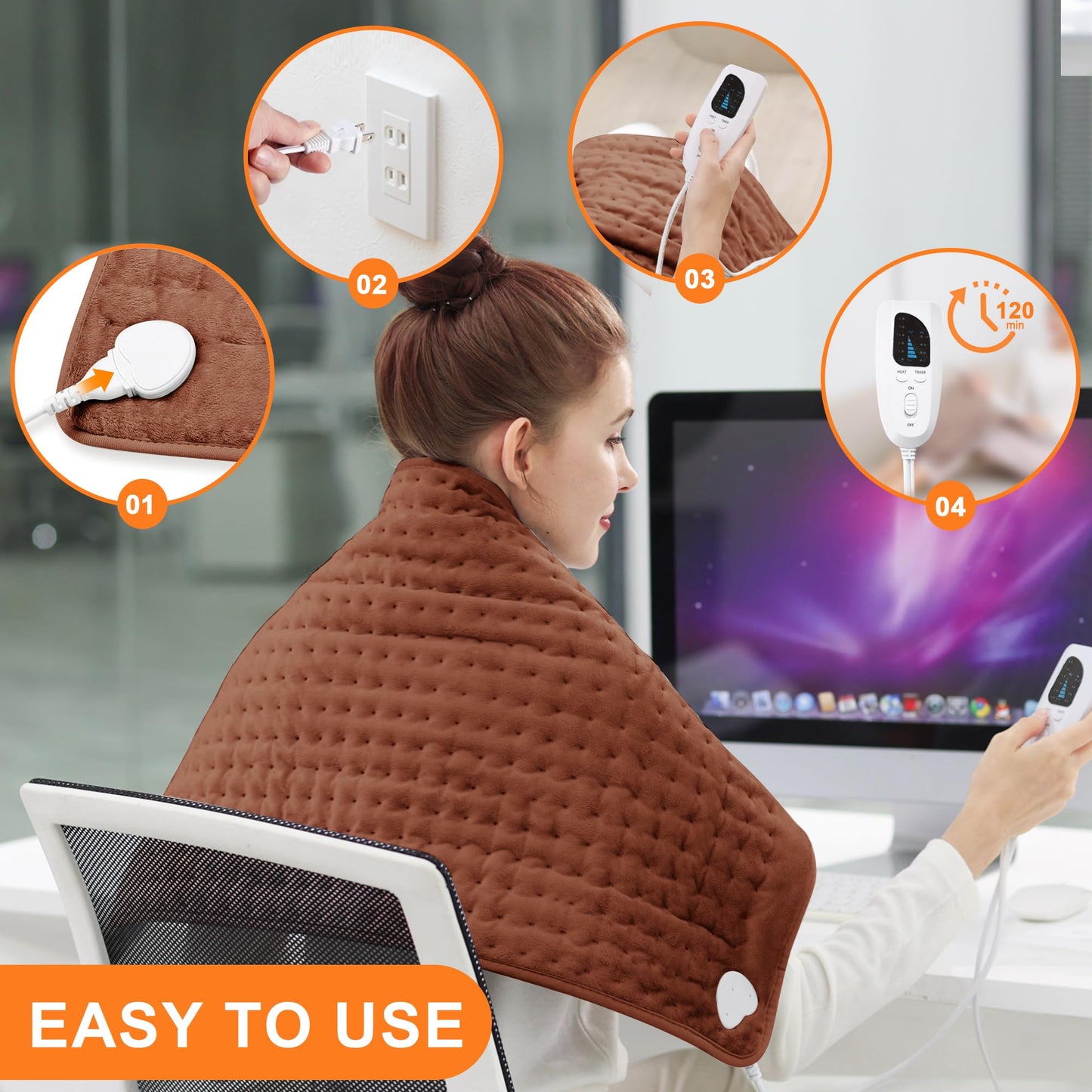 Deepsoon Heating Pad,Electric Heating Pads for Back,Neck,Abdomen,Moist Heating Pad for Shoulder,Knee,Arms,Legs,Dry/Moist Heat & Auto Shut Off,Christmas Gifts for Men and Women,Brown,33x17 Inch