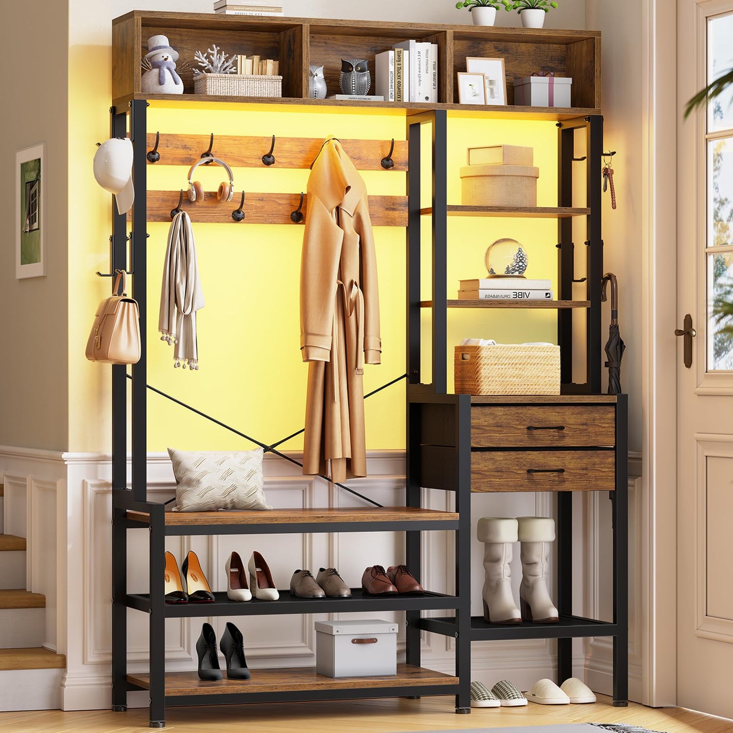Itaar Hall Tree with Bench and Shoe Storage, 7-in-1 Entryway Bench with Coat Rack, 3 Storage Cubbies, 3 Storage Shelves, 17 Coat Hooks, 2 Fabric Drawers (Rustic Brown)