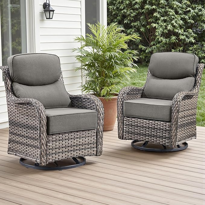Rilyson Outdoor Swivel Rocker Chairs - All Weather Resistant Wicker Patio Furniture Set of 2 with High Back and 6 inch Thick Cushions for Deck Porch Yard and Poolside, Mixed Grey/Grey