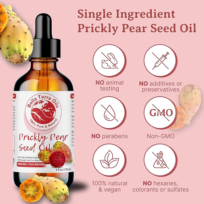 Bella Terra Oils - Prickly Pear Oil 4oz - Sourced from Pure Cactus Enclaves, Packed with Fatty Acids & Flavonoids, Impeccable for Silken Skin