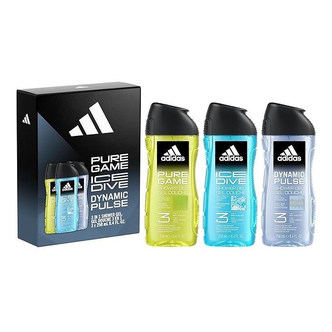 adidas Dynamic Pulse, Ice Dive, Pure Game Giftset, Shower Gel 8.4 fl oz, Notes of Rosemary, Lemon, Peppermint, and Grapefruit, Men's Fragrance, Long Lasting, Sporty Fragrance