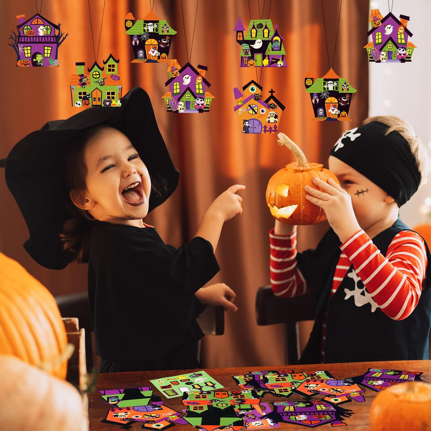Pajean 48 Packs Halloween Craft Kits for Kids Halloween Haunted House Craft Kit Make Your Own Haunted House Stickers for Classroom Favors Activities
