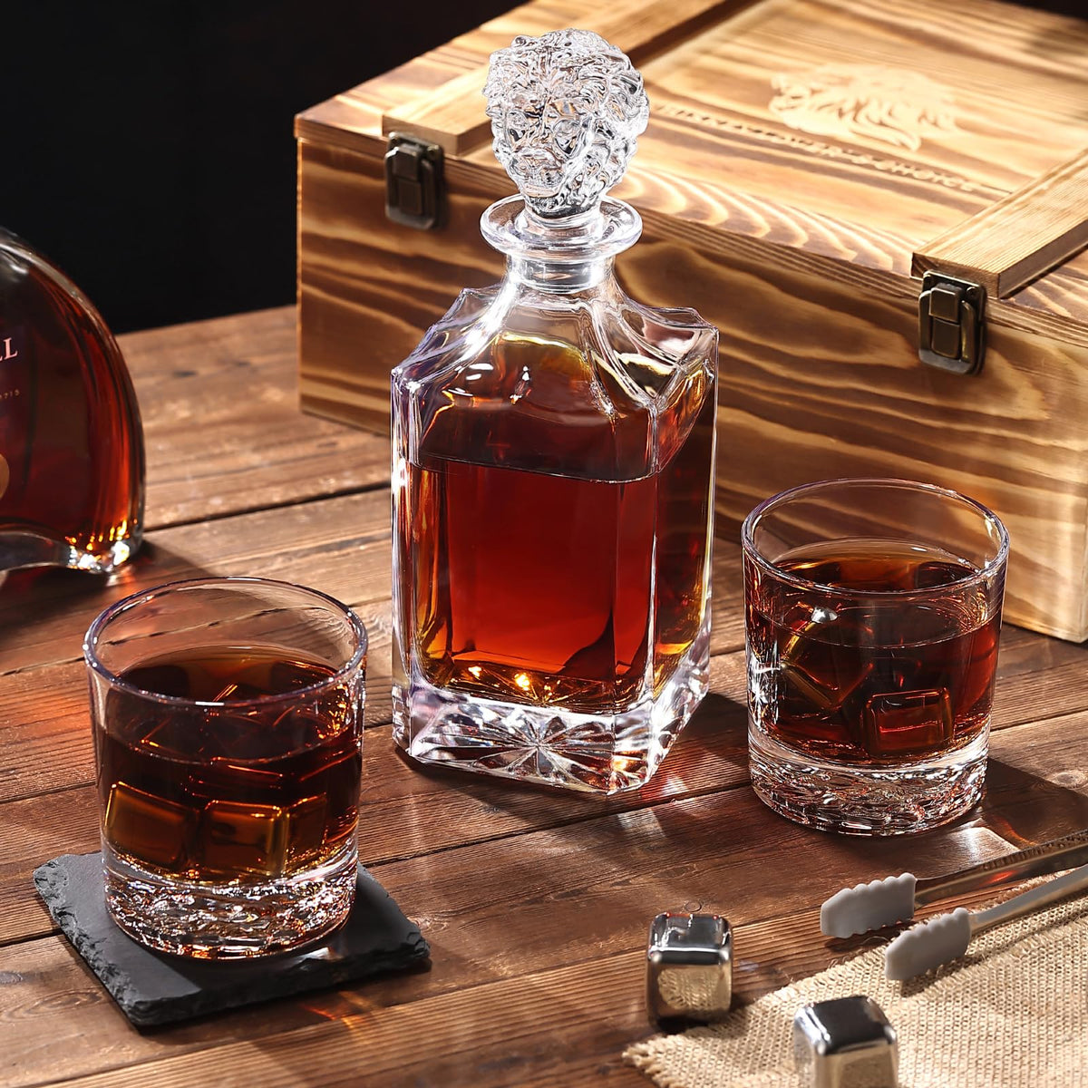 LUSKEYCOR Whiskey Decanter Set with Wooden Box Artistic 25.4 oz Decanter + 2x10 oz Glasses | 304 Stainless Steel Whiskey Stones, Slate Coasters, Tongs & Pouch | Gift for Men, Husband, Dad, Weddings