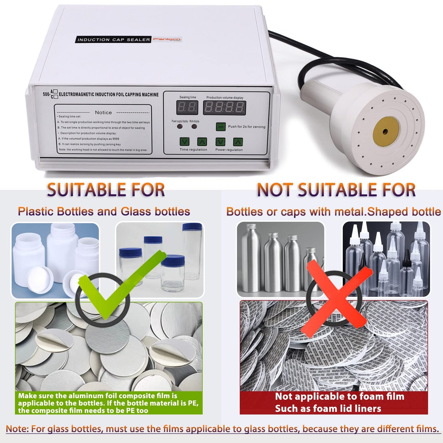 Fanlocn Bottle Cap Sealer, Induction Heat Sealer For Plastic, Glass Bottles 20-100mm 110v