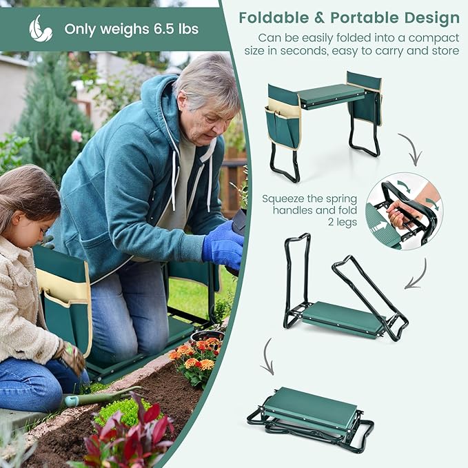 Goplus Garden Kneeler and Seat, Foldable Garden Bench for Kneeling & Sitting, Widened 8" EVA Soft Foam Pad, Heavy-Duty Garden Stool w/ 2 Large Tool Pouches, Gardening Gift for Women Men Seniors