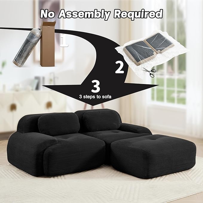SoarFlash 81” Sectional Cloud Boneless Sofa Couches for Living Room-2 Seater L-Shaped Modern Lounge Couch-No Assembly Modular Corduroy Convertible Sponge Sleeper Sofas with Chaise for Home House,Black