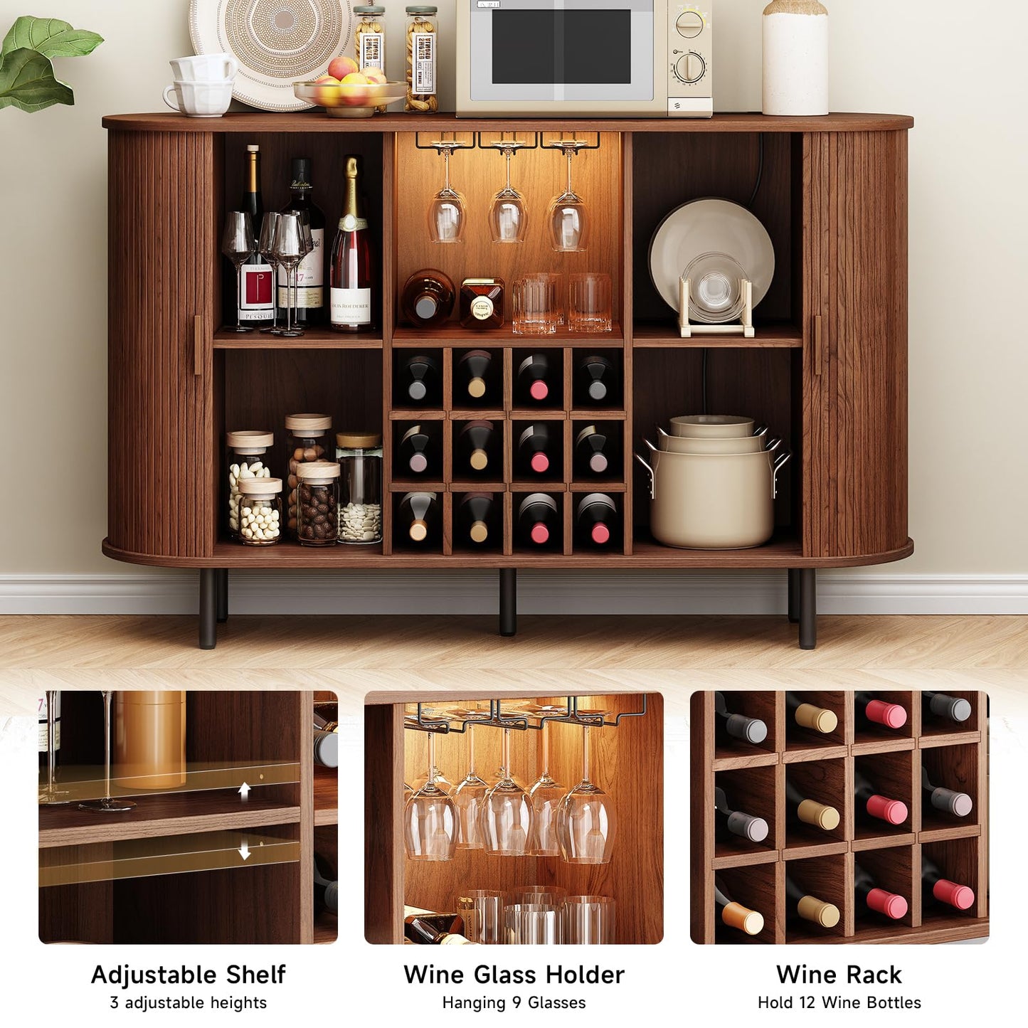 ONBRILL 55" Wine Bar Cabinet with LED Light,Modern Liquor Whiskey Coffee Station with Wine Rack and Glass Holder, Farmhouse Buffet Sideboard with Storage for Living Room, Kitchen, Entryway (Walnut)