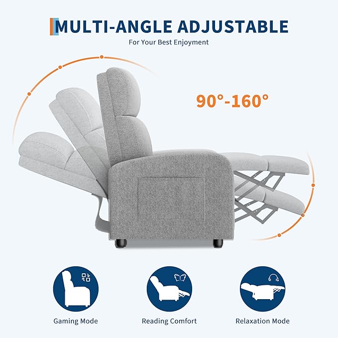 GarveeHome Linen Fabric Manual Recliner Chair, with Side Pocket, High Backrest, Thick Cushion, Adjustable Push Back Recliner,Lazy Lounge Chair for Living Room, Home Theater, Bedroom, Gray