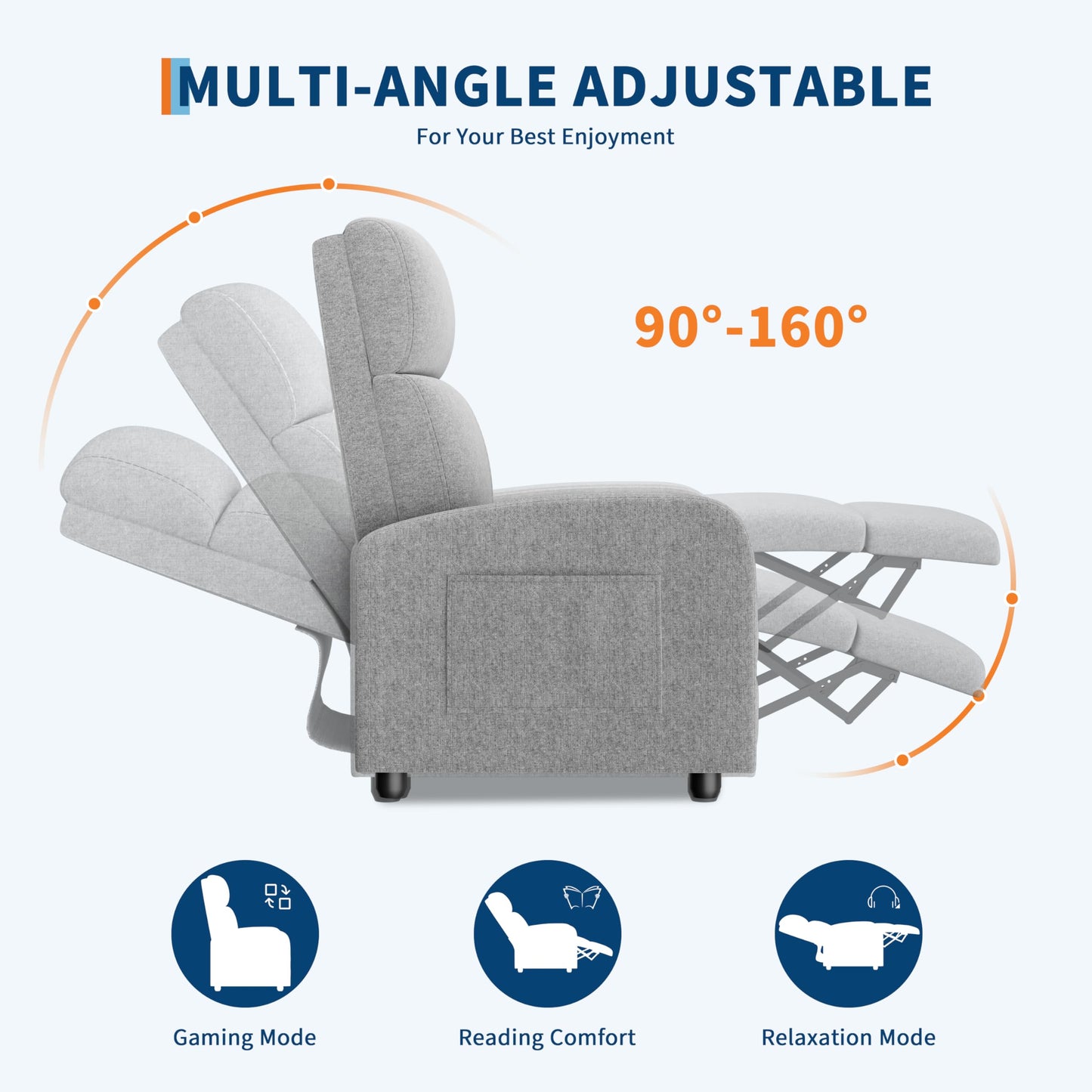 Recliner Chair for Adults, Adjustable Push Back Reclining Chair, Padded Seat & Lumbar Support, Fabric Upholstered Single Sofa with Side Pocket for Living Room, Bedroom, Home Theater